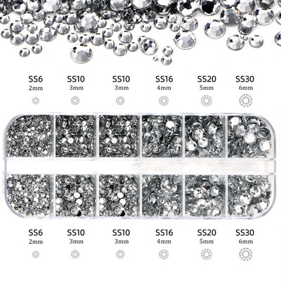 Hot Selling 12 Grids Nail Art Rhinestones Σετ κοσμημάτων Πολύχρωμα Flatback Nail Charms Διαμάντια 3D Αξεσουάρ νυχιών