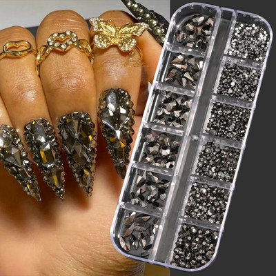 Hot Selling 12 Grids Nail Art Rhinestones Σετ κοσμημάτων Πολύχρωμα Flatback Nail Charms Διαμάντια 3D Αξεσουάρ νυχιών
