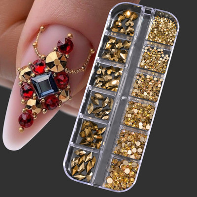 Hot Selling 12 Grids Nail Art Rhinestones Σετ κοσμημάτων Πολύχρωμα Flatback Nail Charms Διαμάντια 3D Αξεσουάρ νυχιών