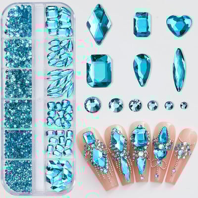 Hot Selling 12 Grids Nail Art Rhinestones Σετ κοσμημάτων Πολύχρωμα Flatback Nail Charms Διαμάντια 3D Αξεσουάρ νυχιών