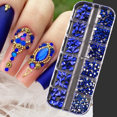 Hot Selling 12 Grids Nail Art Rhinestones Σετ κοσμημάτων Πολύχρωμα Flatback Nail Charms Διαμάντια 3D Αξεσουάρ νυχιών
