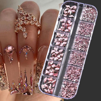 Hot Selling 12 Grids Nail Art Rhinestones Σετ κοσμημάτων Πολύχρωμα Flatback Nail Charms Διαμάντια 3D Αξεσουάρ νυχιών