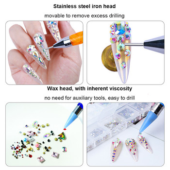 1 бр. Dual Heads Gem Picker Nail Point Wax Pen Акрилен метален инструмент за точкуване Nail Art Rhinestone Picker Wax Pencil Crystal Handle Pen