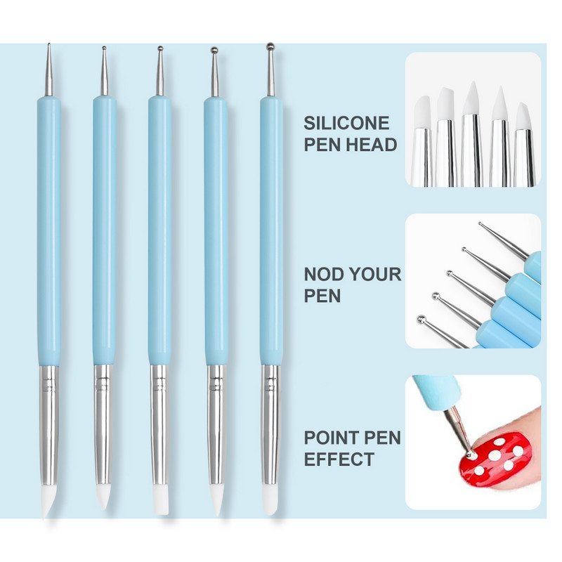 5 bucăți/set Set de stilouri pentru sculptură cu cap din silicon cu două capete din oțel inoxidabil, pentru sculptură, polimeri DIY, instrumente de punctat pentru manichiură