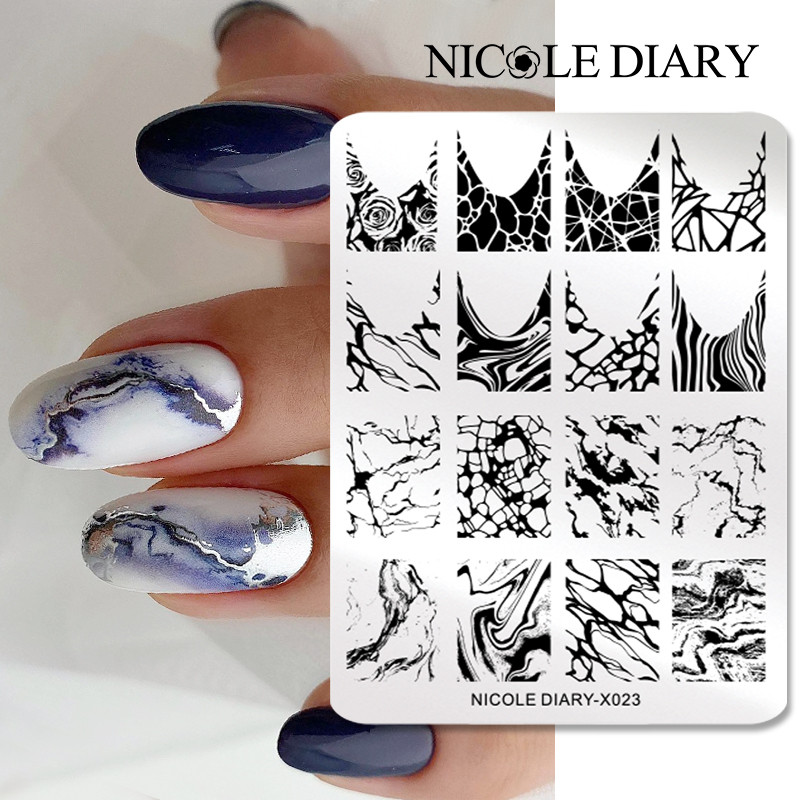 NICOLE DIARY Marmora raksta nagu apzīmogošanas plāksnes attēla veidne franču līnijas abstrakti virpuļi drukas trafarets nagu manikīra rīks