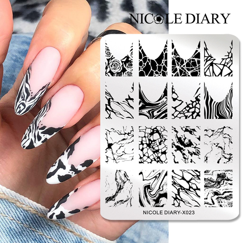 NICOLE DIARY Marmora raksta nagu apzīmogošanas plāksnes attēla veidne franču līnijas abstrakti virpuļi drukas trafarets nagu manikīra rīks
