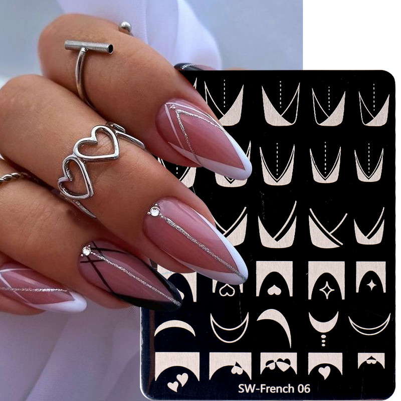 Wave Line Nagu apzīmogošanas plāksnes Franču manikīrs Zebra Leopard Image DIY Drukas veidnes Nagu trafareti Dekora piederumi SWSW