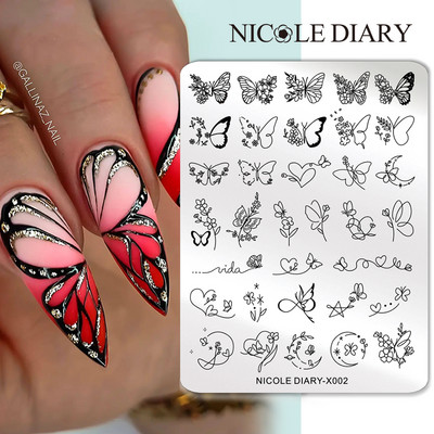 NICOLE DIARY Πλάκες σφράγισης πεταλούδας νυχιών λουλουδιών λουλουδιών με λουλούδια με στένσιλ Πρότυπο σφραγίδας νυχιών Εργαλείο εκτύπωσης νυχιών