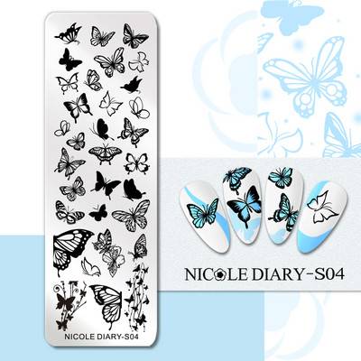 NICOLE DIARY Πλάκες σφράγισης πεταλούδας νυχιών λουλουδιών λουλουδιών με λουλούδια με στένσιλ Πρότυπο σφραγίδας νυχιών Εργαλείο εκτύπωσης νυχιών