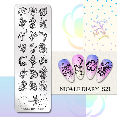 NICOLE DIARY Πλάκες σφράγισης πεταλούδας νυχιών λουλουδιών λουλουδιών με λουλούδια με στένσιλ Πρότυπο σφραγίδας νυχιών Εργαλείο εκτύπωσης νυχιών