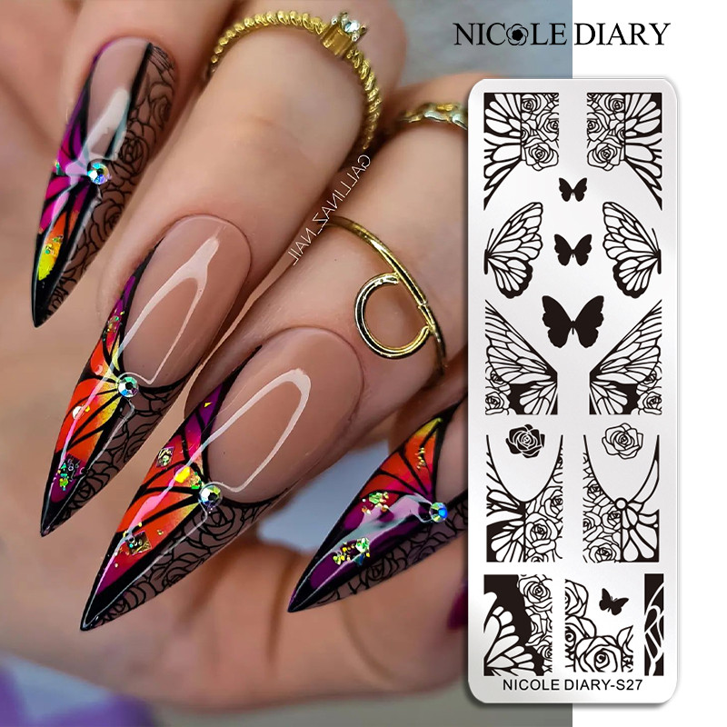 NICOLE DIARY Butterfly Nail Art štancēšanas plāksnes Rožu ziedu ziedu līniju drukas trafarets nagu zīmogu veidnes nagu drukāšanas rīks