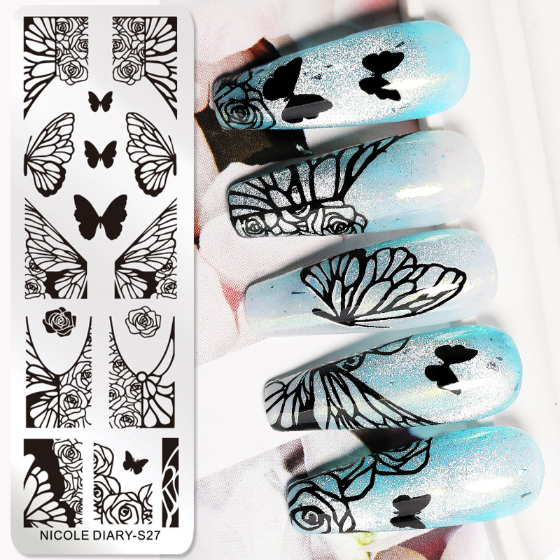 NICOLE DIARY Butterfly Nail Art štancēšanas plāksnes Rožu ziedu ziedu līniju drukas trafarets nagu zīmogu veidnes nagu drukāšanas rīks