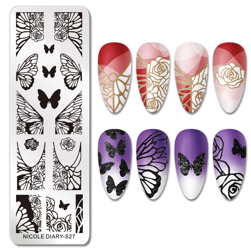 NICOLE DIARY Butterfly Nail Art štancēšanas plāksnes Rožu ziedu ziedu līniju drukas trafarets nagu zīmogu veidnes nagu drukāšanas rīks