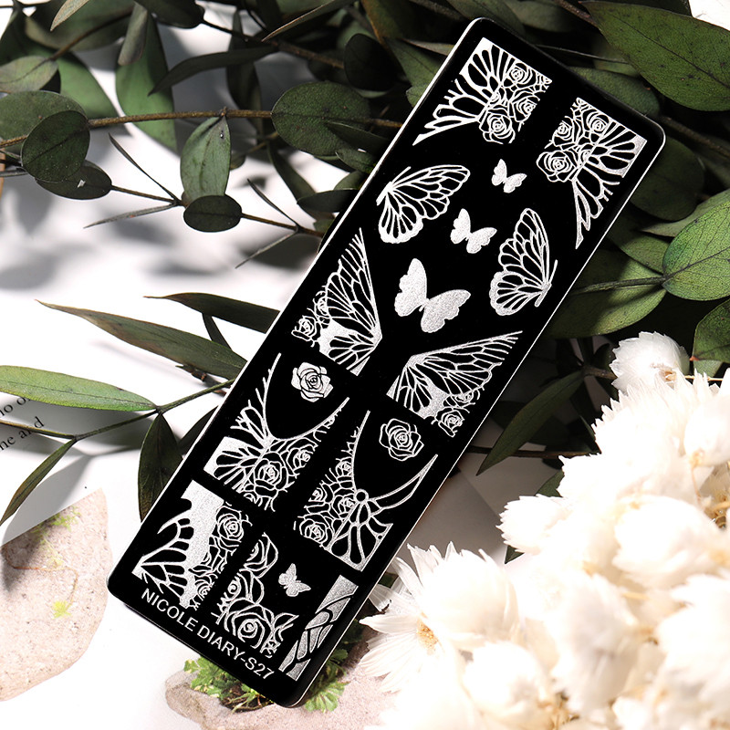 NICOLE DIARY Butterfly Nail Art štancēšanas plāksnes Rožu ziedu ziedu līniju drukas trafarets nagu zīmogu veidnes nagu drukāšanas rīks