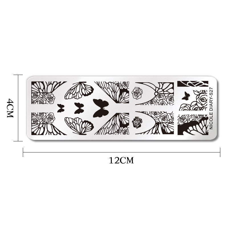NICOLE DIARY Butterfly Nail Art štancēšanas plāksnes Rožu ziedu ziedu līniju drukas trafarets nagu zīmogu veidnes nagu drukāšanas rīks