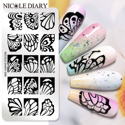 NICOLE DIARY Butterfly Nail Art Stamping Plate Geometry Wave Line Drawing Templates Flower Stamp Nail Charms Mold Stencil Tools