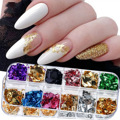 12 Grid Shiny Foil Nail Art πούλιες Ακανόνιστο αλουμινόχαρτο χρυσό χρυσό ασημί ροζ χρυσό Διακοσμητικά αυτοκόλλητα νυχιών DIY αξεσουάρ νυχιών