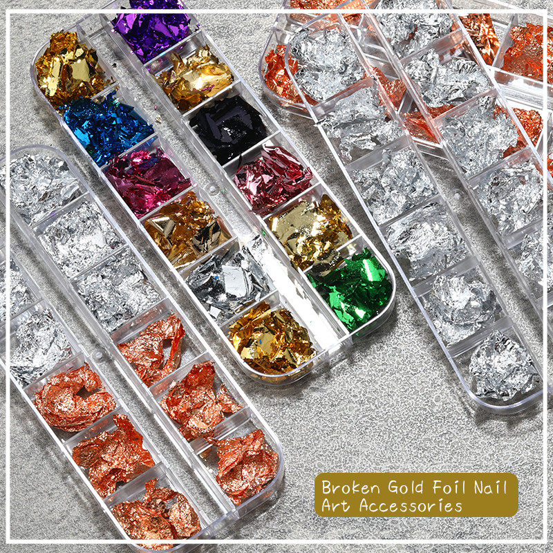 12 rácsos fényes fólia körömdíszítő flitterek szabálytalan ónfóliás arany arany ezüst rózsa arany köröm díszítő matricák barkácsolás köröm kiegészítők