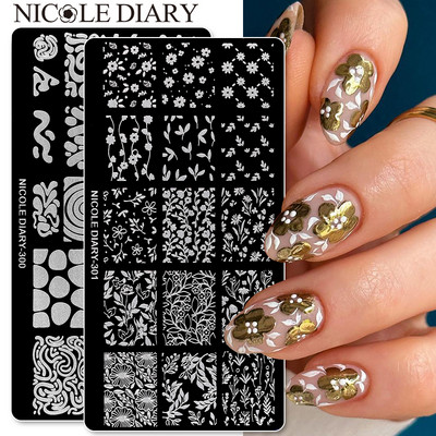 NICOLE DIARY Floral Leaves Nail Stamping Plates Шаблон за трансфер на изображения Геометрично цвете Шаблон от неръждаема стомана Инструменти за ноктопластика