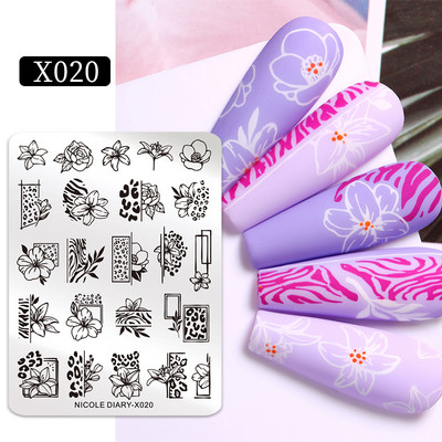 NICOLE DIARY Ziedu lapas nagu štancēšanas plāksnes Attēlu pārsūtīšanas veidne Ģeometrisks zieds nerūsējošā tērauda trafarets nagu mākslas rīki
