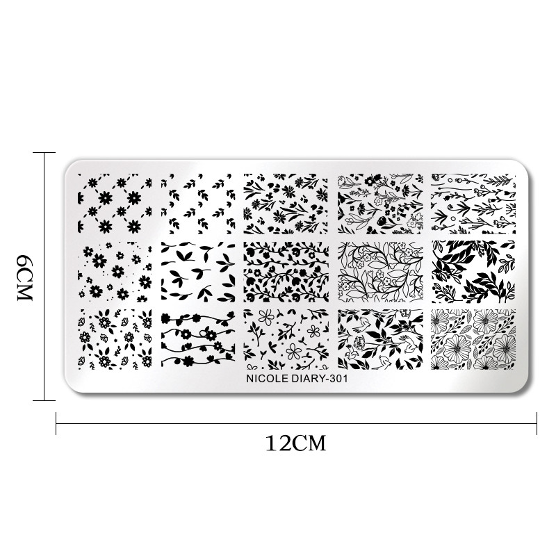 NICOLE DIARY Ziedu lapas nagu štancēšanas plāksnes Attēlu pārsūtīšanas veidne Ģeometrisks zieds nerūsējošā tērauda trafarets nagu mākslas rīki