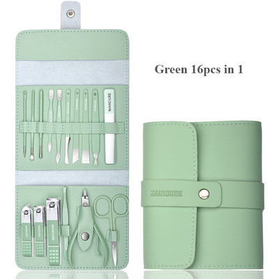 Profesionāls manikīra komplekts 16 vienā pilnfunkciju komplekts nerūsējošā tērauda pedikīra komplekti ar ādas portatīvo futrāli
