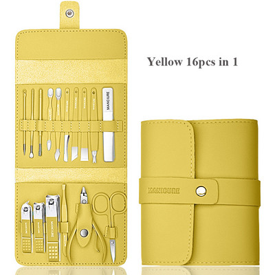 Profesionāls manikīra komplekts 16 vienā pilnfunkciju komplekts nerūsējošā tērauda pedikīra komplekti ar ādas portatīvo futrāli