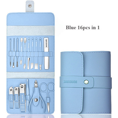 Profesionāls manikīra komplekts 16 vienā pilnfunkciju komplekts nerūsējošā tērauda pedikīra komplekti ar ādas portatīvo futrāli