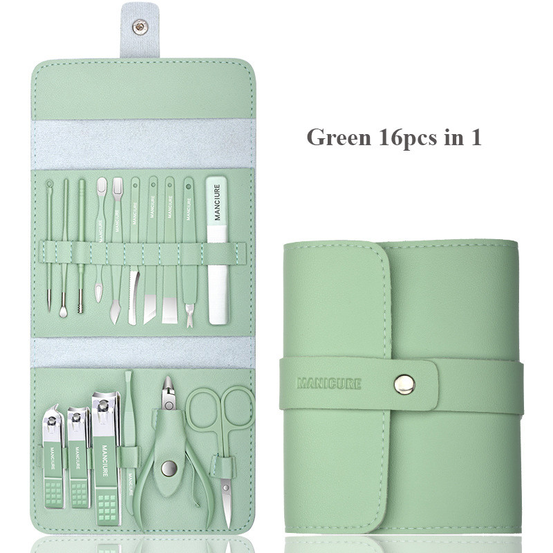 Profesionāls manikīra komplekts 16 vienā pilnfunkciju komplekts nerūsējošā tērauda pedikīra komplekti ar ādas portatīvo futrāli