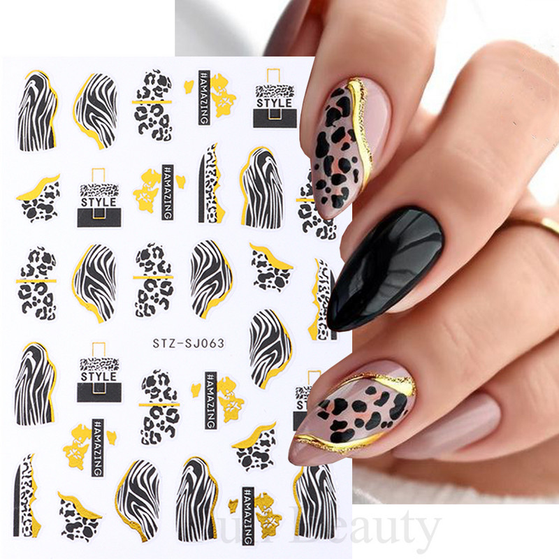 Melnā zelta leoparda nagu uzlīmes piena govs čūska nagu dizains slīdņi Dzīvnieku ādas izdrukas folijas Zebra raksts manikīrs dekors