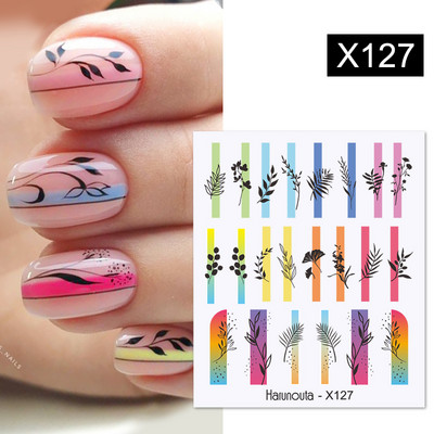 Harunouta Geometric Color Block Line Leaf Flower Water Decal Sticker Spring Simple DIY Slider For Manicuring Nail Art Watermarks