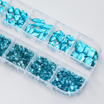 SS4-SS16 Lake Blue Луксозни димантени бижута за нокти 3D Блестящ кристал за нокти със смесена форма 1*Кутия Син камък за маникюр с плосък гръб