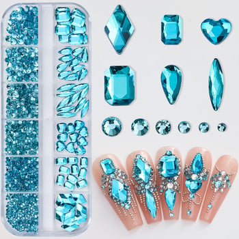 SS4-SS16 Lake Blue Луксозни димантени бижута за нокти 3D Блестящ кристал за нокти със смесена форма 1*Кутия Син камък за маникюр с плосък гръб