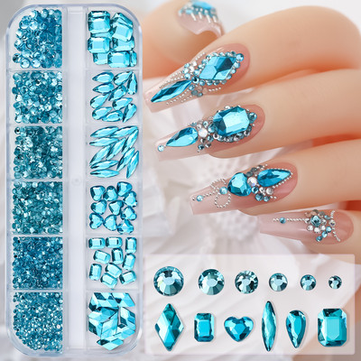 SS4-SS16 Lake Blue Luxury Dimond Nail Jewelry 3D μικτού σχήματος λαμπερό κρύσταλλο στρας για νύχια 1*Κουτί με επίπεδη πλάτη μπλε πέτρα μανικιούρ