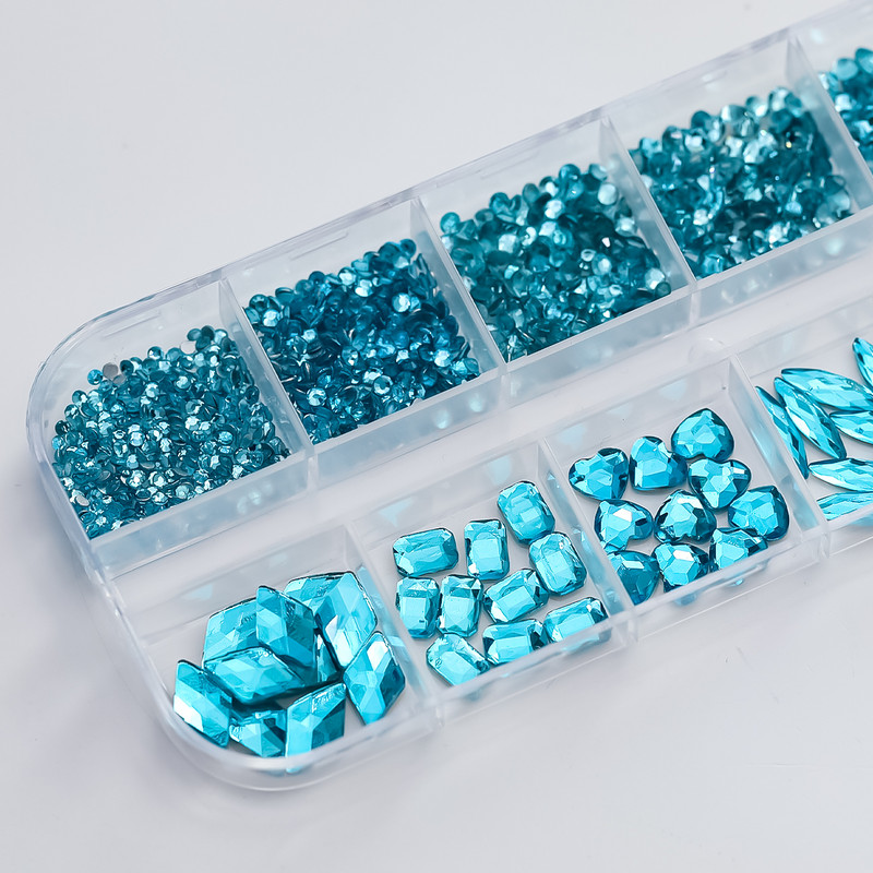 SS4-SS16 Lake Blue luxus dimond köröm ékszer 3D vegyes formájú fényes kristály köröm strassz 1*doboz lapos hátú kék manikűr kő