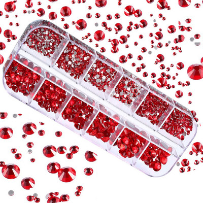1000 gab. Valentīndienas SARKANS Rhinestone 12 Grid FlatBack jaukta izmēra nagu kristāls DIY bez labošanas 3D sarkans manikīrs Diamond ZB-2023