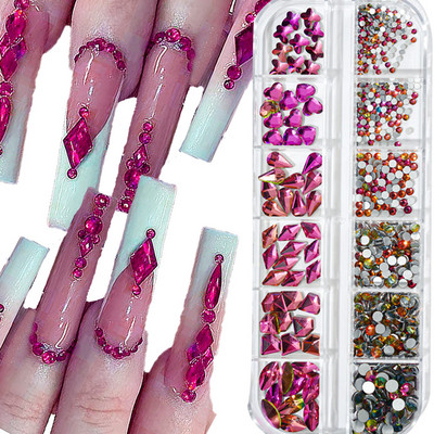 1000 gab. Valentīndienas SARKANS Rhinestone 12 Grid FlatBack jaukta izmēra nagu kristāls DIY bez labošanas 3D sarkans manikīrs Diamond ZB-2023