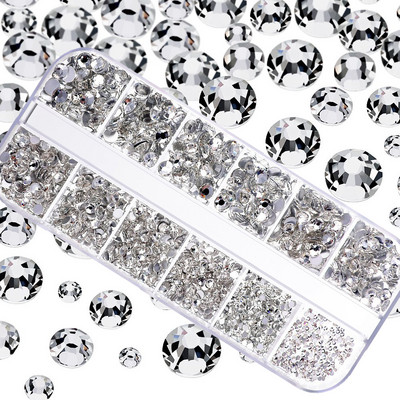 1000 gab. Valentīndienas SARKANS Rhinestone 12 Grid FlatBack jaukta izmēra nagu kristāls DIY bez labošanas 3D sarkans manikīrs Diamond ZB-2023