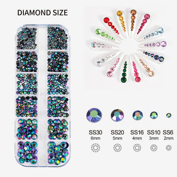 12Gird 3D Glass AB Crystal Nail Art Rhinestones Kit Flatback Round Bead Charm Gem Stones Jewelry Diamond with Tools for Nail Art