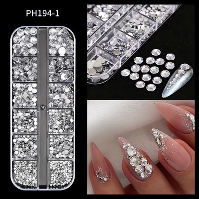 12Gird 3D Glass AB Crystal Nail Art Rhinestones Kit Flatback apaļa lodīšu šarms Dārgakmeņu rotaslietas dimants ar instrumentiem nagu mākslas darbam