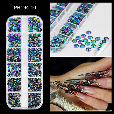 12Gird 3D Glass AB Crystal Nail Art Rhinestones Kit Flatback apaļa lodīšu šarms Dārgakmeņu rotaslietas dimants ar instrumentiem nagu mākslas darbam
