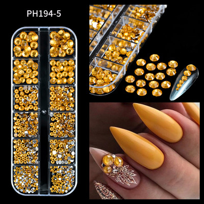 12Gird 3D Glass AB Crystal Nail Art Rhinestones Kit Flatback apaļa lodīšu šarms Dārgakmeņu rotaslietas dimants ar instrumentiem nagu mākslas darbam