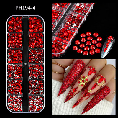 12Gird 3D Glass AB Crystal Nail Art Rhinestones Kit Flatback apaļa lodīšu šarms Dārgakmeņu rotaslietas dimants ar instrumentiem nagu mākslas darbam