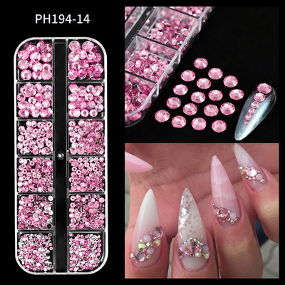 12Gird 3D Glass AB Crystal Nail Art Rhinestones Kit Flatback apaļa lodīšu šarms Dārgakmeņu rotaslietas dimants ar instrumentiem nagu mākslas darbam