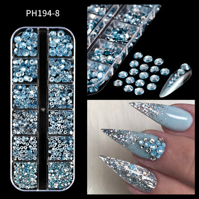 12Gird 3D Glass AB Crystal Nail Art Rhinestones Kit Flatback apaļa lodīšu šarms Dārgakmeņu rotaslietas dimants ar instrumentiem nagu mākslas darbam