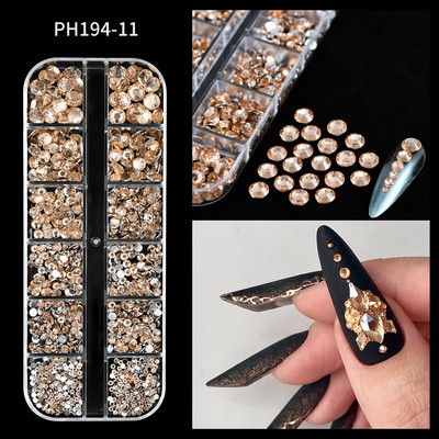 12Gird 3D Glass AB Crystal Nail Art Rhinestones Kit Flatback apaļa lodīšu šarms Dārgakmeņu rotaslietas dimants ar instrumentiem nagu mākslas darbam