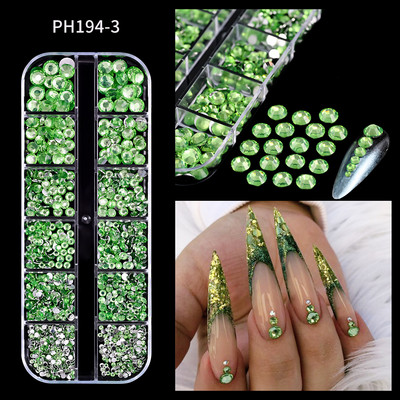 12Gird 3D Glass AB Crystal Nail Art Rhinestones Kit Flatback apaļa lodīšu šarms Dārgakmeņu rotaslietas dimants ar instrumentiem nagu mākslas darbam