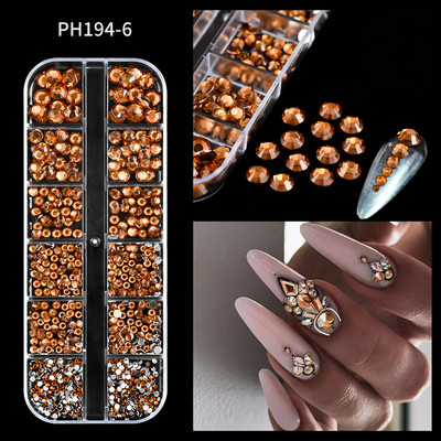 12Gird 3D Glass AB Crystal Nail Art Rhinestones Kit Flatback apaļa lodīšu šarms Dārgakmeņu rotaslietas dimants ar instrumentiem nagu mākslas darbam