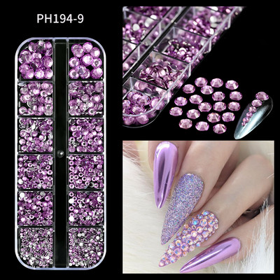 12Gird 3D Glass AB Crystal Nail Art Rhinestones Kit Flatback apaļa lodīšu šarms Dārgakmeņu rotaslietas dimants ar instrumentiem nagu mākslas darbam