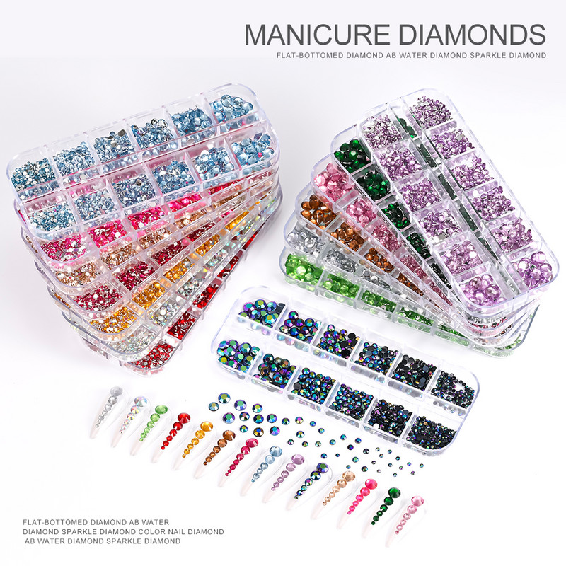 12Gird 3D Glass AB Crystal Nail Art Rhinestones Kit Flatback apaļa lodīšu šarms Dārgakmeņu rotaslietas dimants ar instrumentiem nagu mākslas darbam